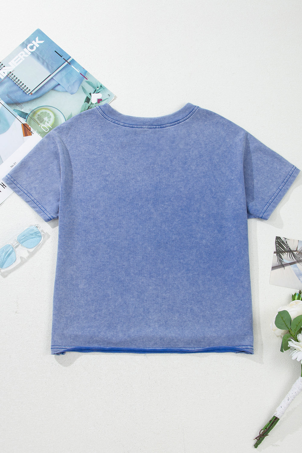 Blue Mineral Wash USA Patch V Neck Tee RTS