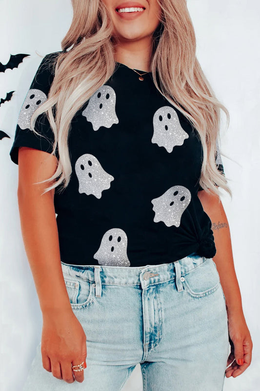 Black Glitter Ghost Halloween Shirt RTS