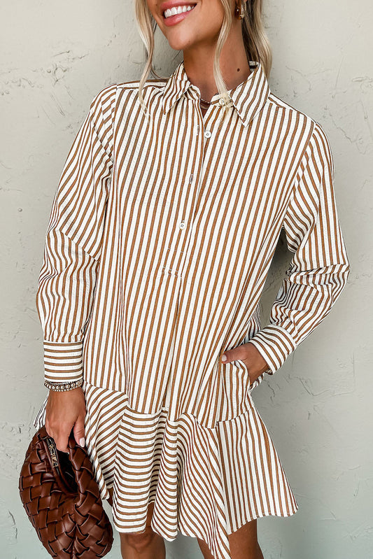 Brown Stripe Ruffle Dress RTS